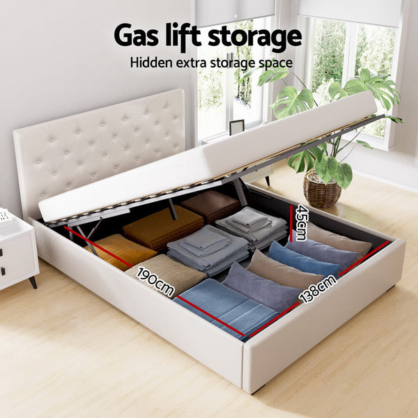 Artiss Bed Frame Double Size Gas Lift Beige VILA Artiss