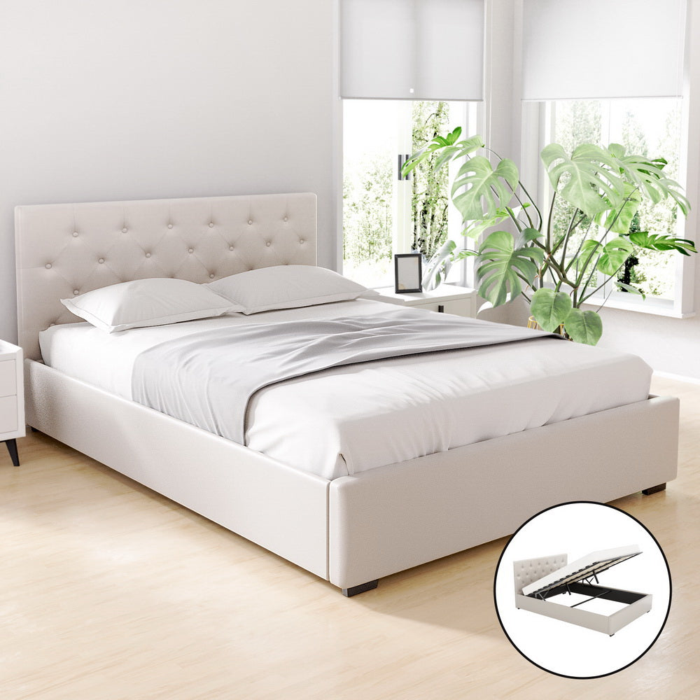 Artiss Bed Frame Double Size Gas Lift Beige VILA Artiss