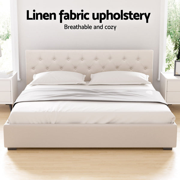 Artiss Bed Frame King Size Gas Lift Beige VILA Artiss