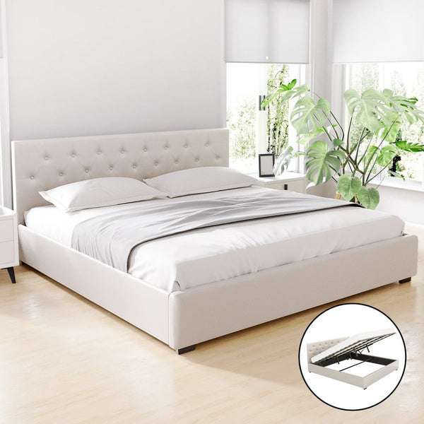 Artiss Bed Frame King Size Gas Lift Beige VILA Artiss