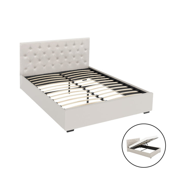 Artiss Bed Frame Queen Size Gas Lift Beige VILA Artiss