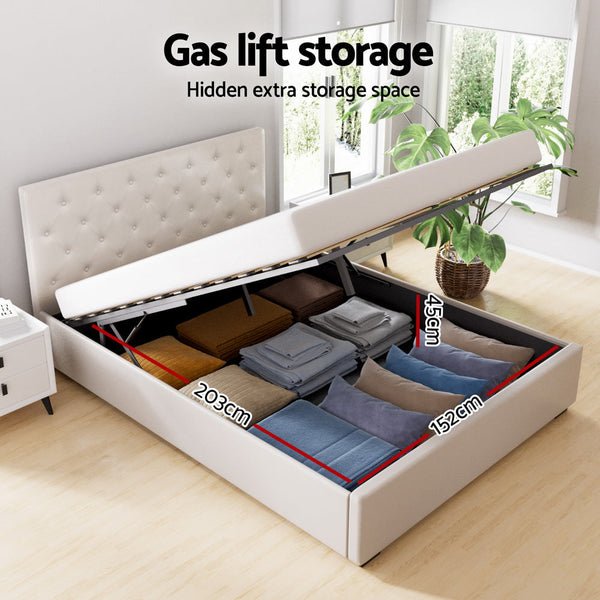 Artiss Bed Frame Queen Size Gas Lift Beige VILA Artiss