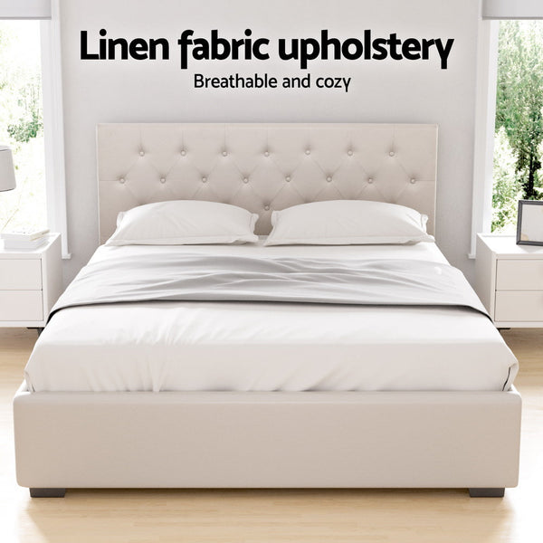 Artiss Bed Frame Queen Size Gas Lift Beige VILA Artiss