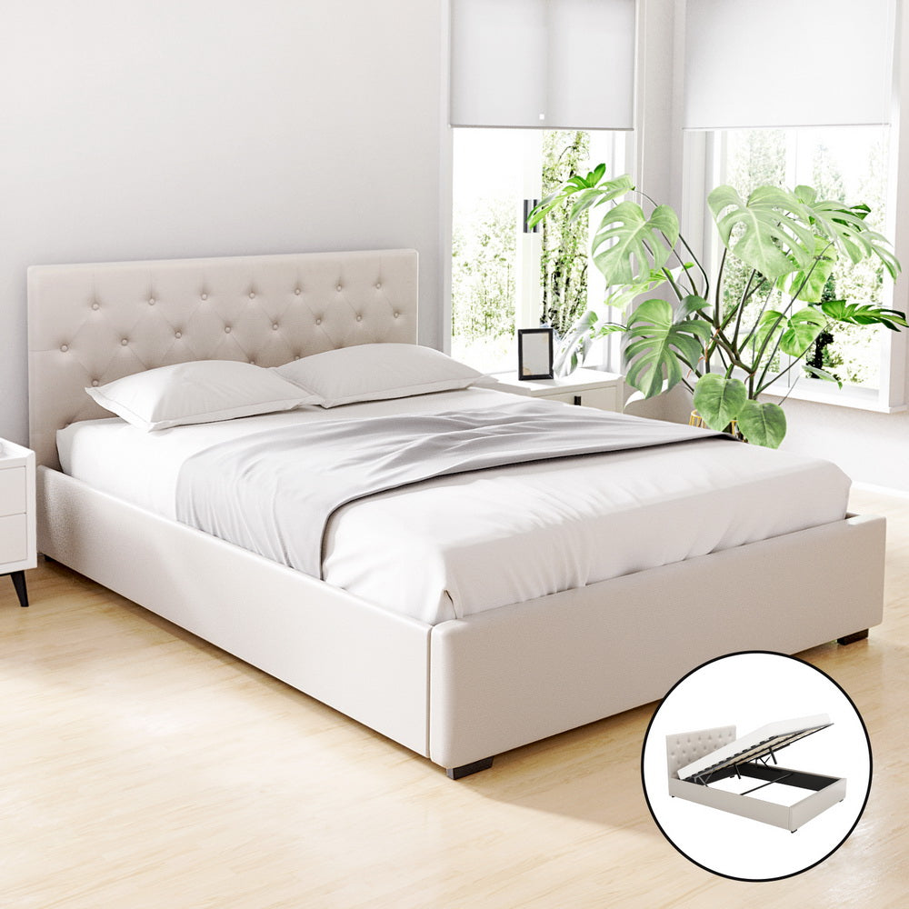 Artiss Bed Frame Queen Size Gas Lift Beige VILA Artiss