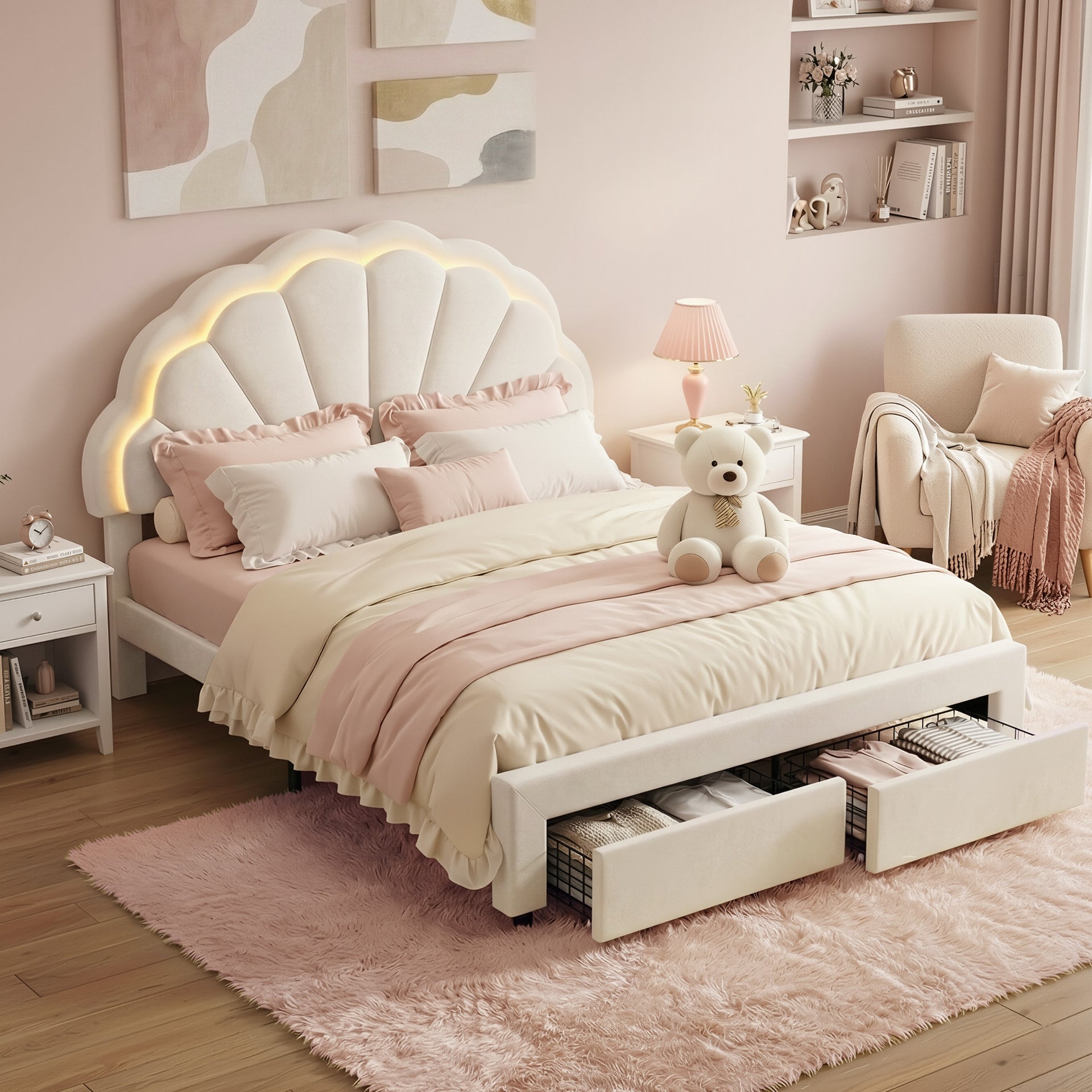 Artiss Double Bed Frame with 2 Storage Drawers Upholstered Velvet Platform Bed LED Headboard Awezingly