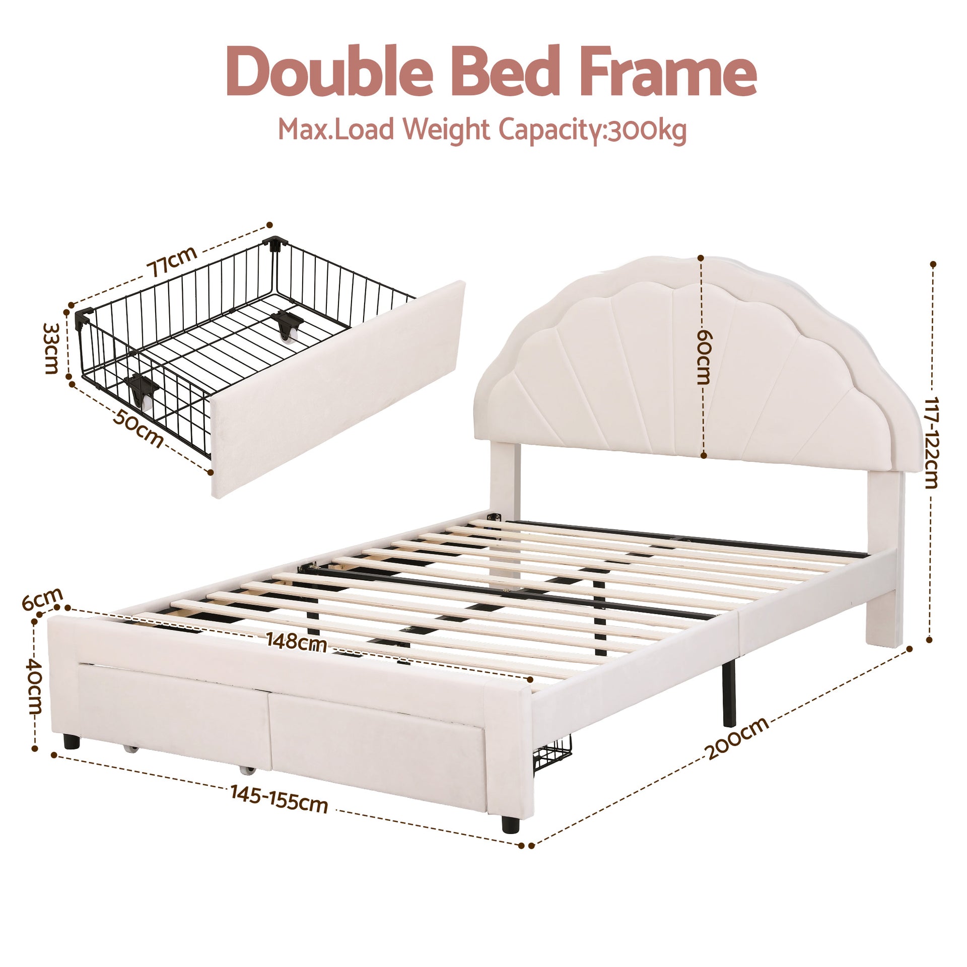 Artiss Double Bed Frame with 2 Storage Drawers Upholstered Velvet Platform Bed LED Headboard Awezingly