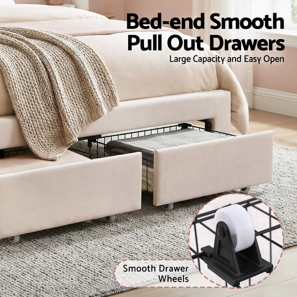 Artiss Double Bed Frame with 2 Storage Drawers Upholstered Velvet Platform Bed LED Headboard Awezingly