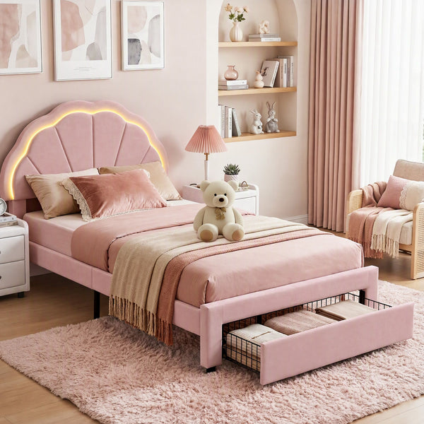 Artiss King Single Bed Frame with 1 Storage Drawers Upholstered Velvet Platform Bed LED Headboard Pink Awezingly