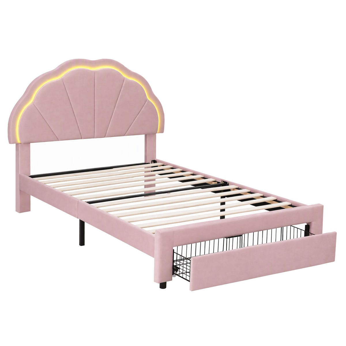 Artiss King Single Bed Frame with 1 Storage Drawers Upholstered Velvet Platform Bed LED Headboard Pink Awezingly