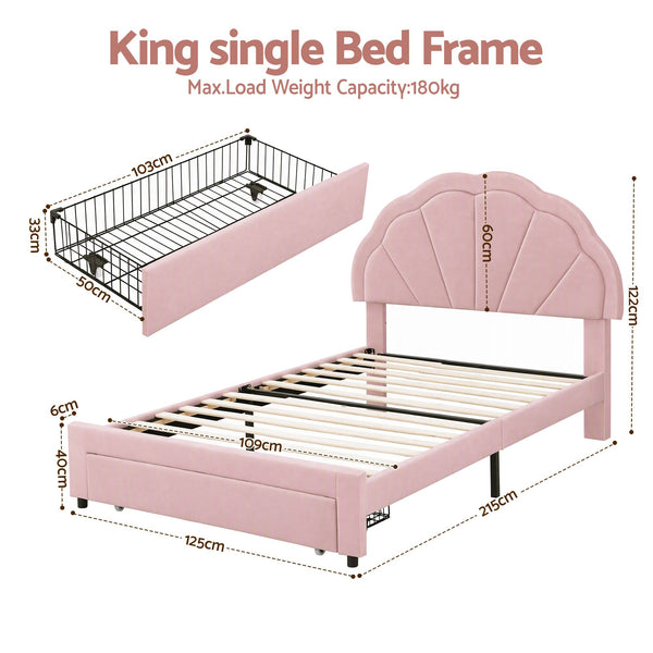 Artiss King Single Bed Frame with 1 Storage Drawers Upholstered Velvet Platform Bed LED Headboard Pink Awezingly