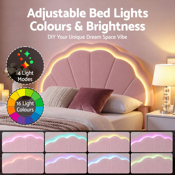 Artiss King Single Bed Frame with 1 Storage Drawers Upholstered Velvet Platform Bed LED Headboard Pink Awezingly