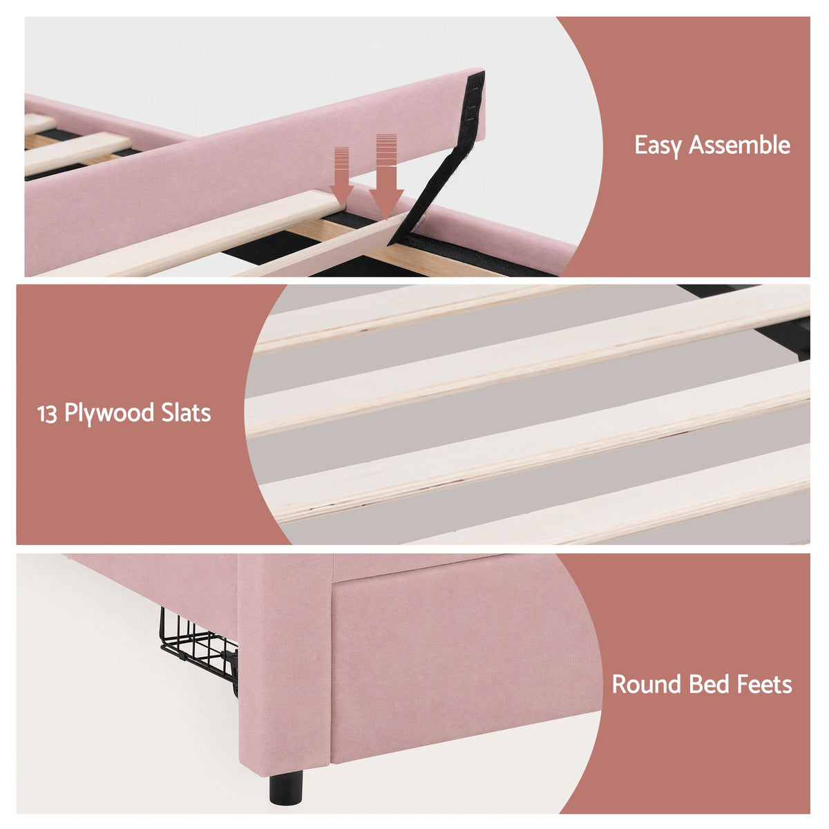 Artiss King Single Bed Frame with 1 Storage Drawers Upholstered Velvet Platform Bed LED Headboard Pink Awezingly