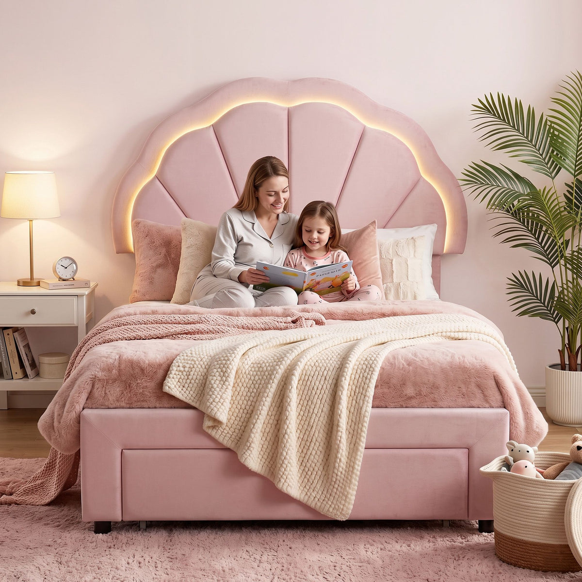 Artiss King Single Bed Frame with 1 Storage Drawers Upholstered Velvet Platform Bed LED Headboard Pink Awezingly