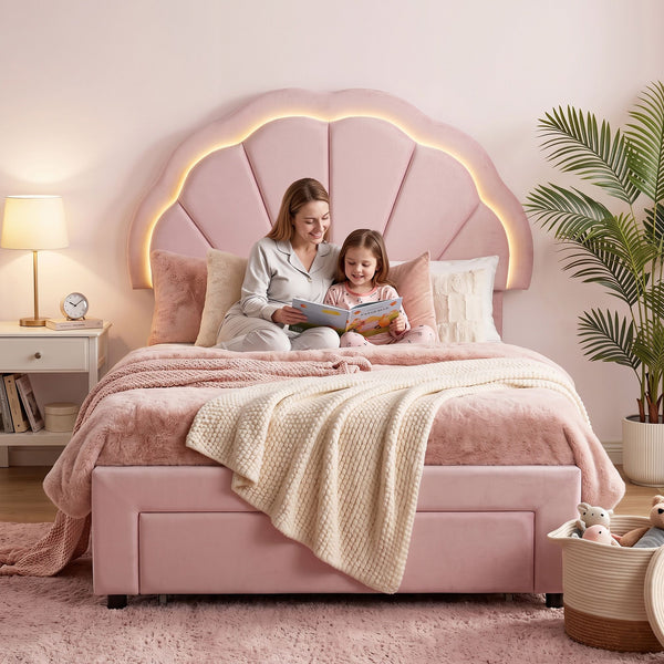 Artiss King Single Bed Frame with 1 Storage Drawers Upholstered Velvet Platform Bed LED Headboard Pink Awezingly