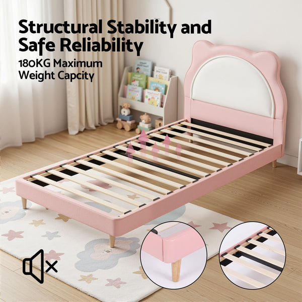 Artiss King Single Pink Kids Bed Frame for Girls Bedroom Cute Animal Upholstered Awezingly