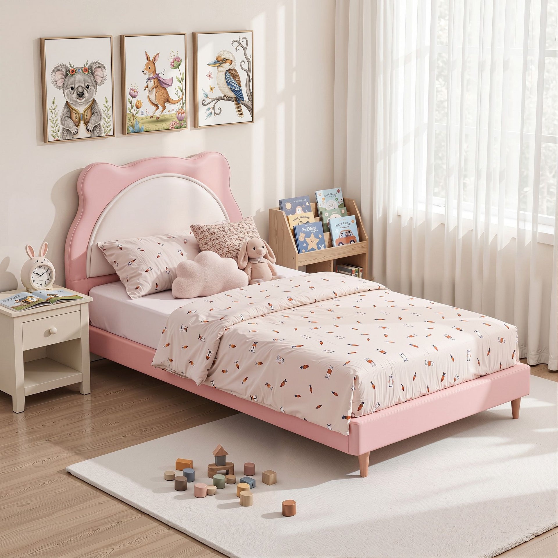 Artiss King Single Pink Kids Bed Frame for Girls Bedroom Cute Animal Upholstered Awezingly