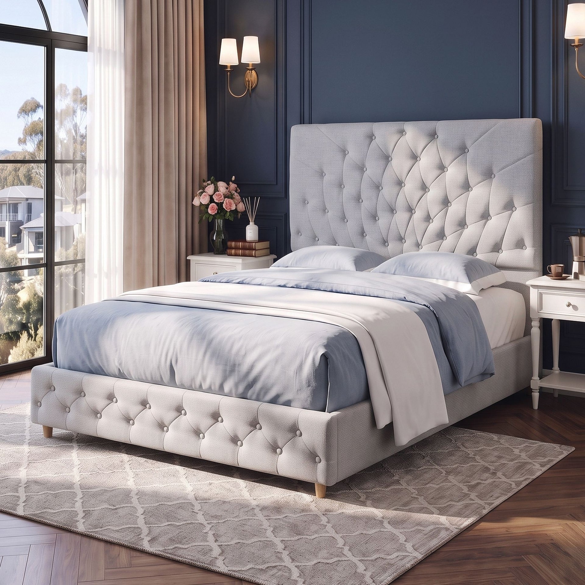 Artiss Double Bed Frame with Tufted Headboard and Plywood Slats Grey Awezingly