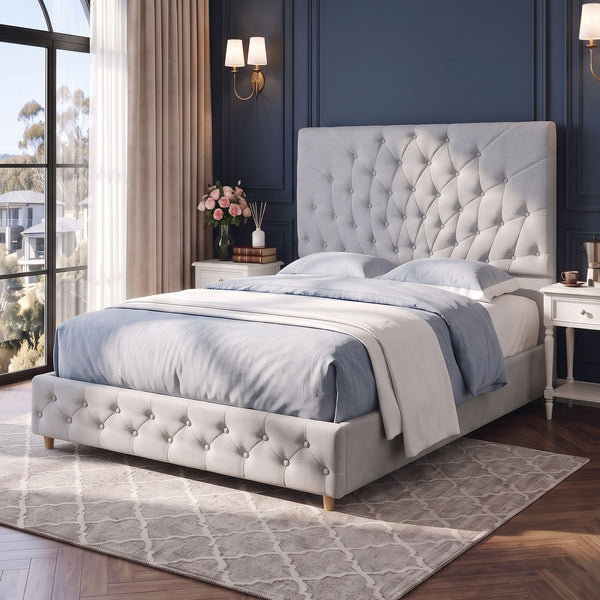 Artiss Double Bed Frame with Tufted Headboard and Plywood Slats Grey Awezingly