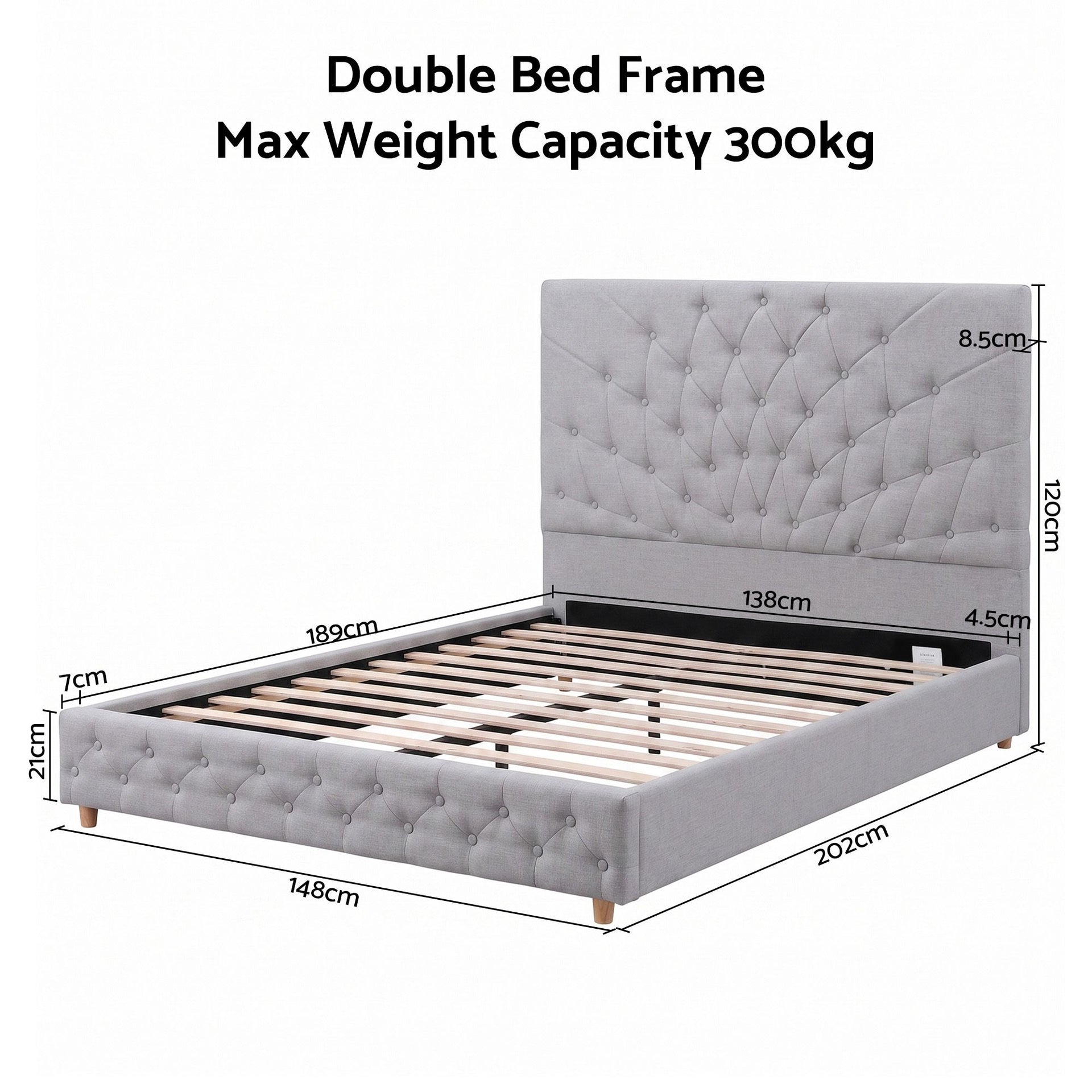 Artiss Double Bed Frame with Tufted Headboard and Plywood Slats Grey Awezingly