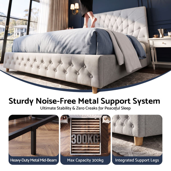 Artiss Double Bed Frame with Tufted Headboard and Plywood Slats Grey Awezingly