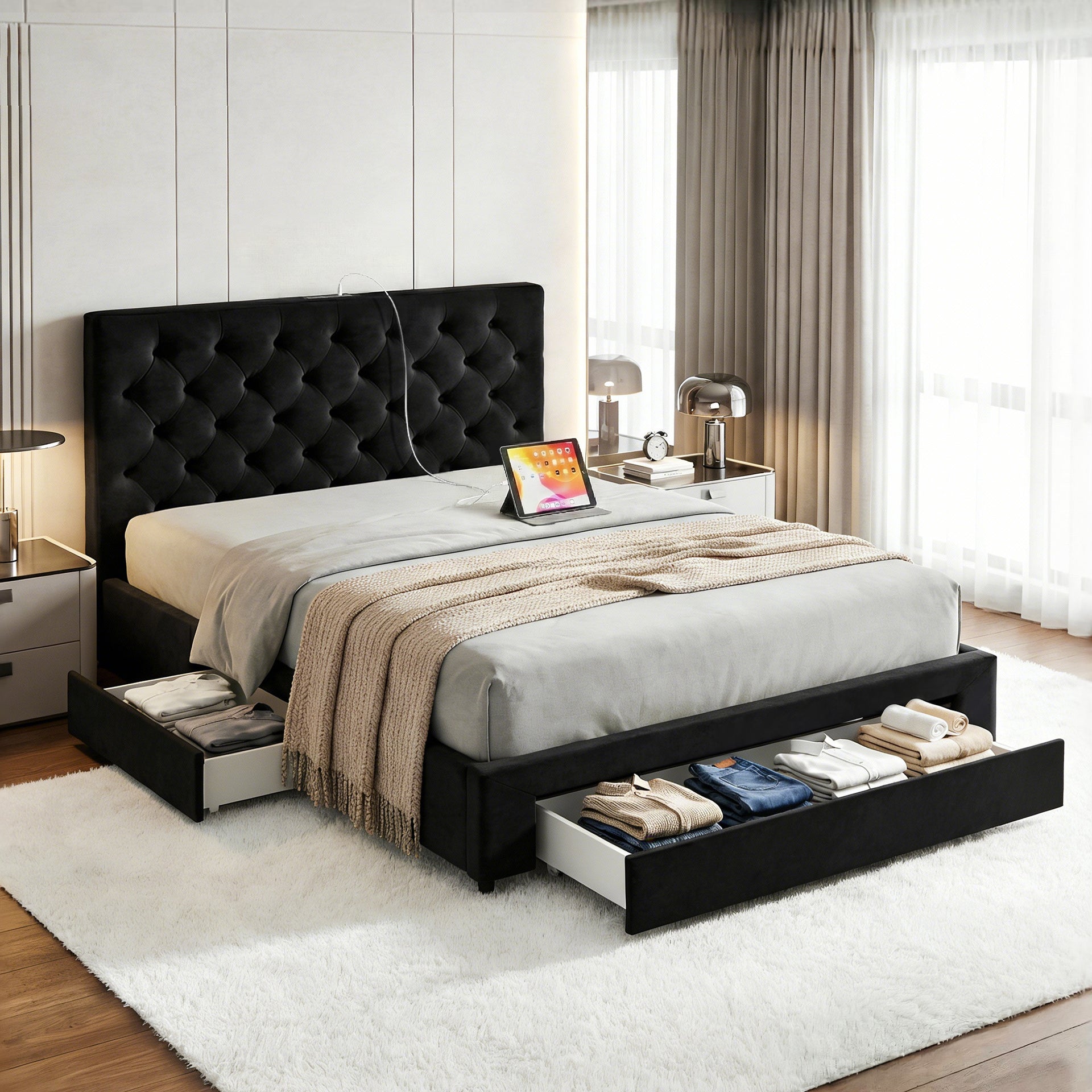 Artiss Double Bed Frame Storage Charging Station Upholstered 3 Drawers USB Type-C Awezingly