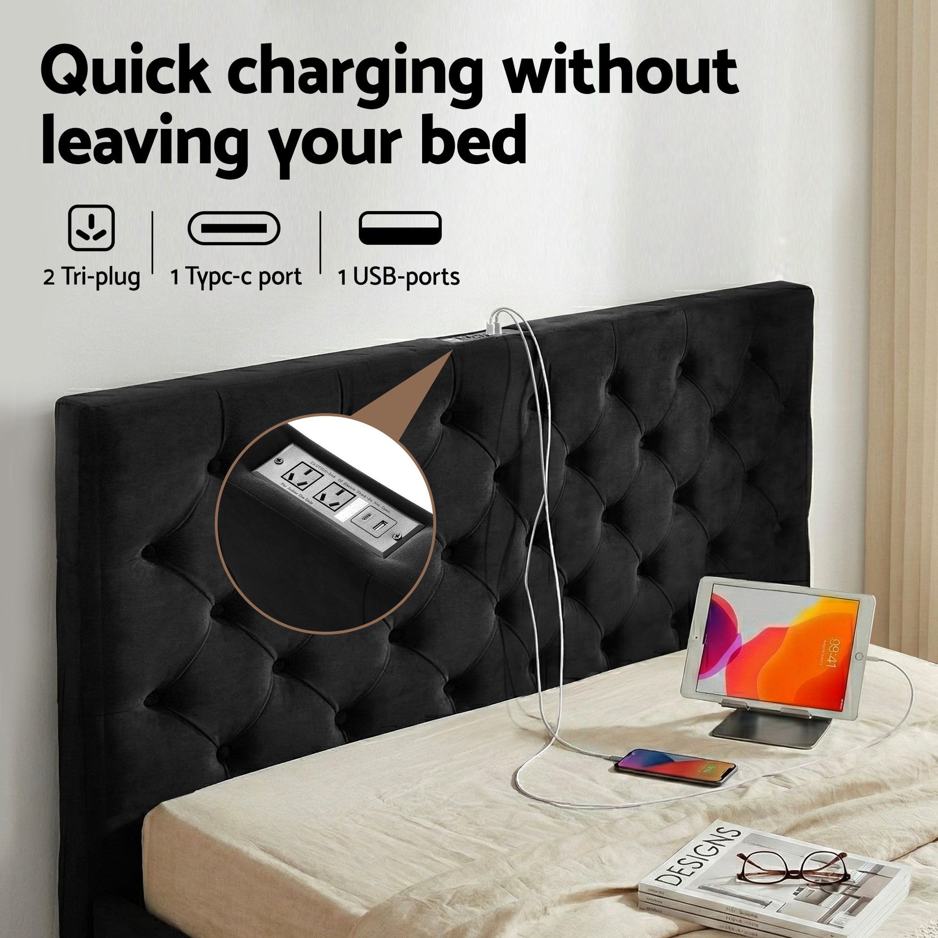 Artiss Double Bed Frame Storage Charging Station Upholstered 3 Drawers USB Type-C Awezingly