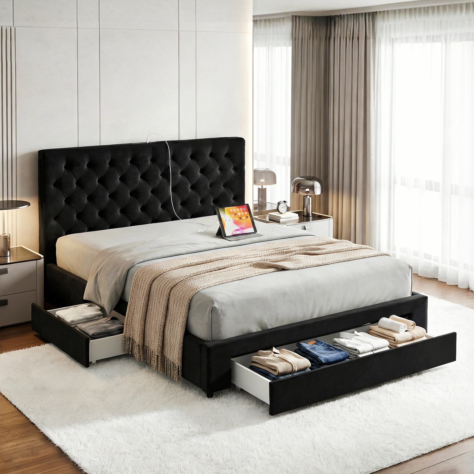 Artiss King Bed Frame Storage Charging Station Upholstered 3 Drawers USB Type-C Awezingly