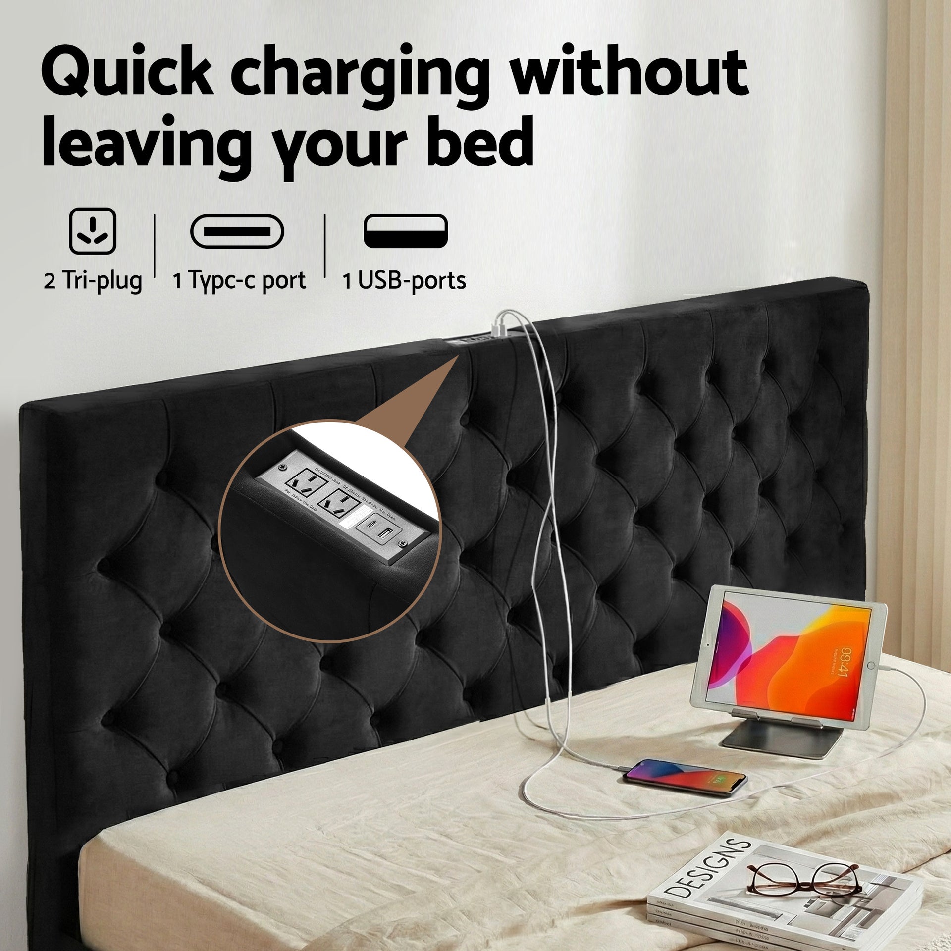 Artiss King Bed Frame Storage Charging Station Upholstered 3 Drawers USB Type-C Awezingly