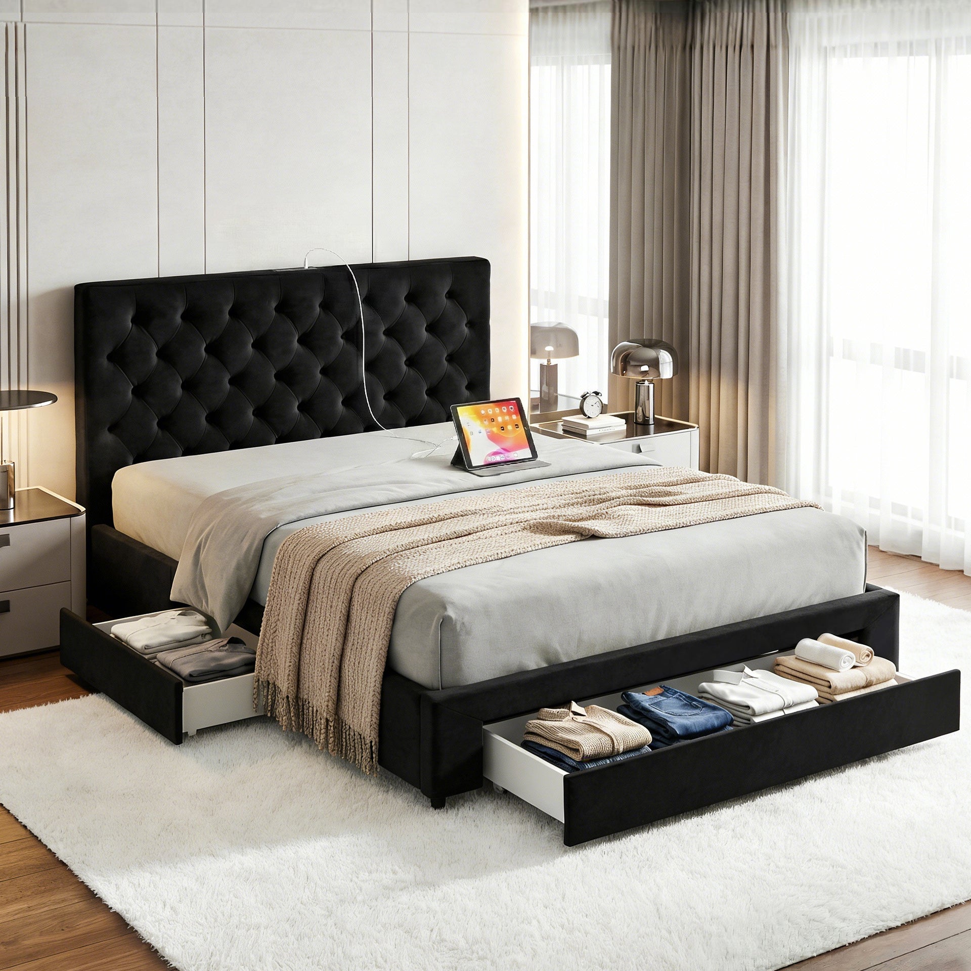 Artiss Queen Bed Frame Storage Charging Station Upholstered 3 Drawers USB Type-C Awezingly
