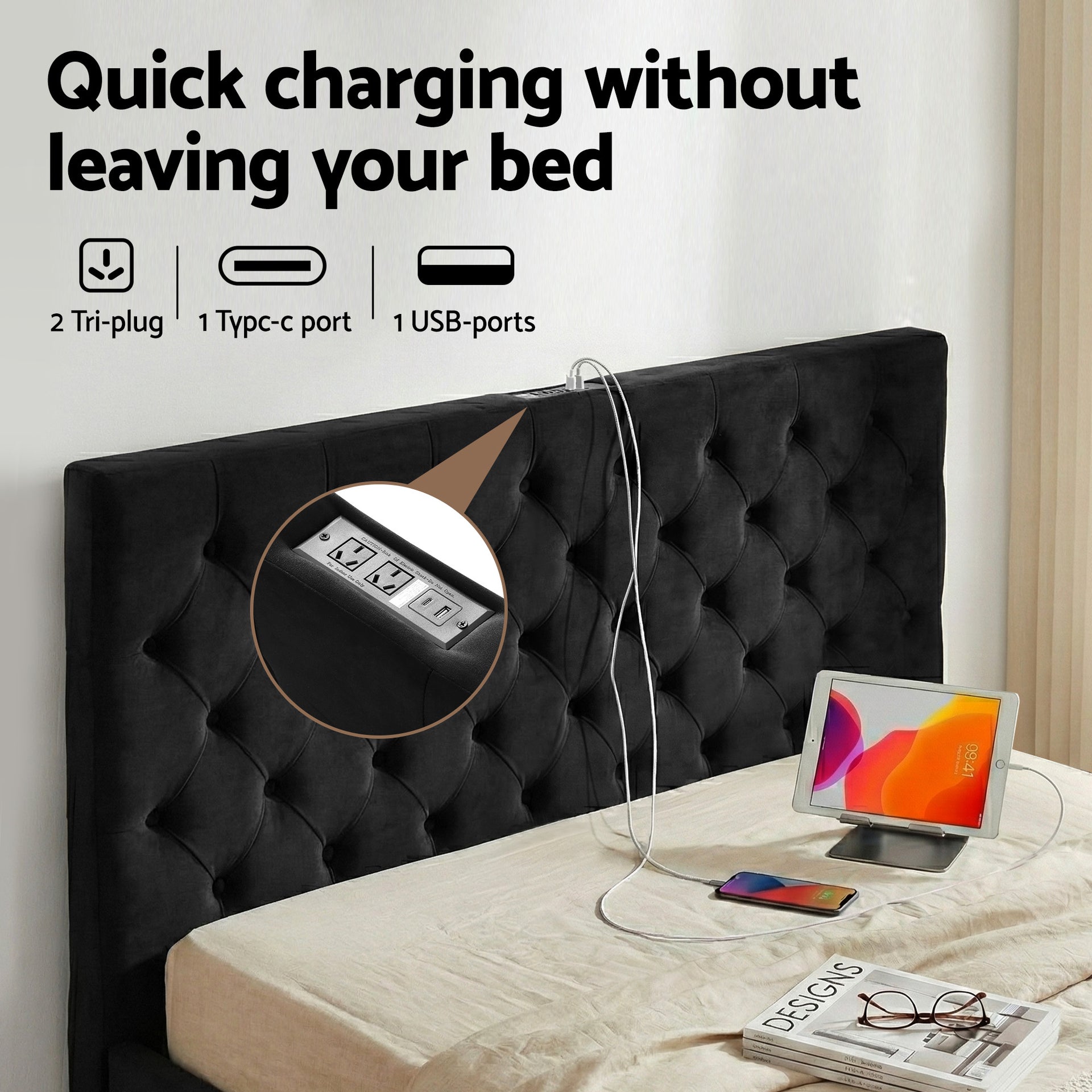 Artiss Queen Bed Frame Storage Charging Station Upholstered 3 Drawers USB Type-C Awezingly