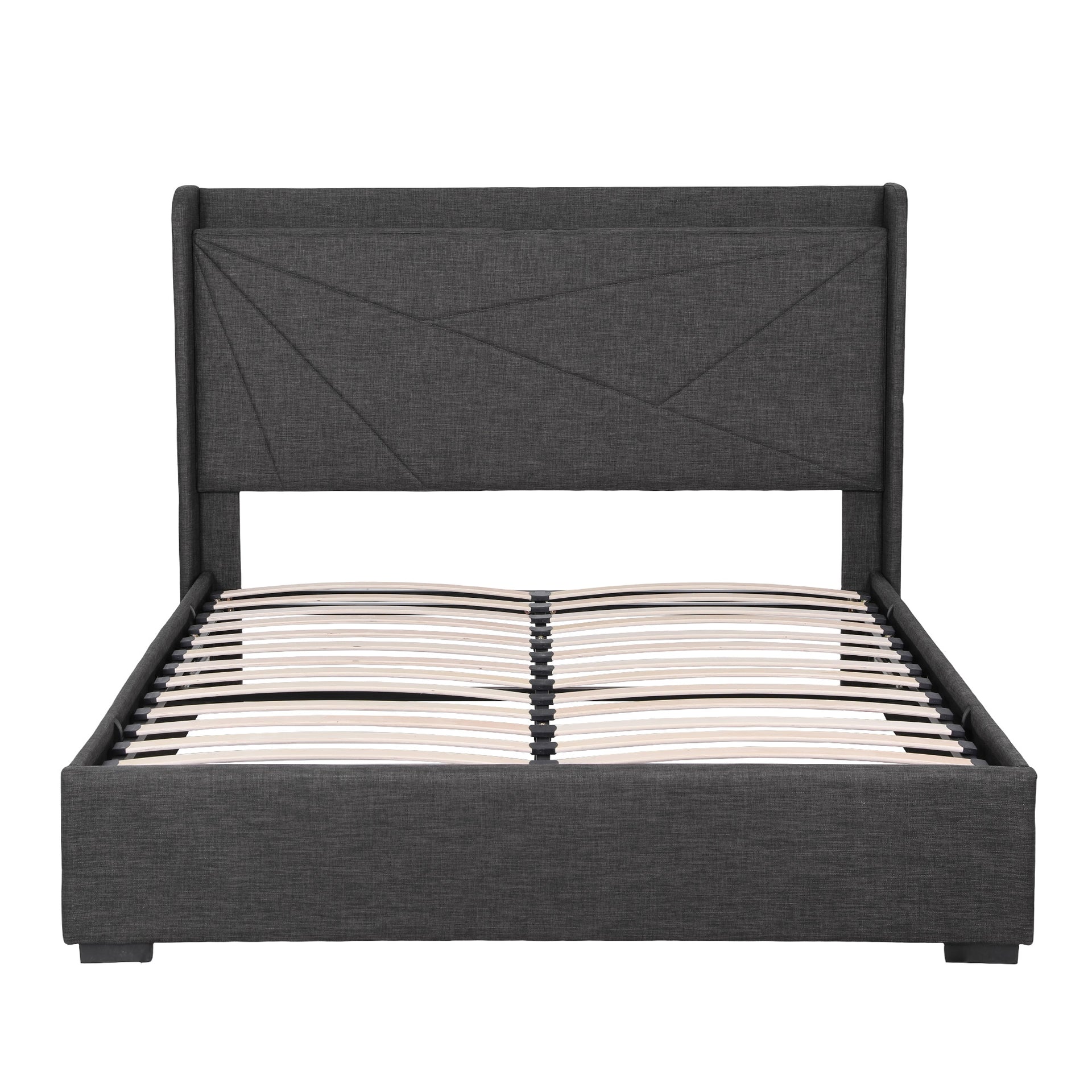 Artiss Double Bed Frame Gas Lift Storage Bed with Charging Ports Upholstered Geometric Headboard Charcoal Grey