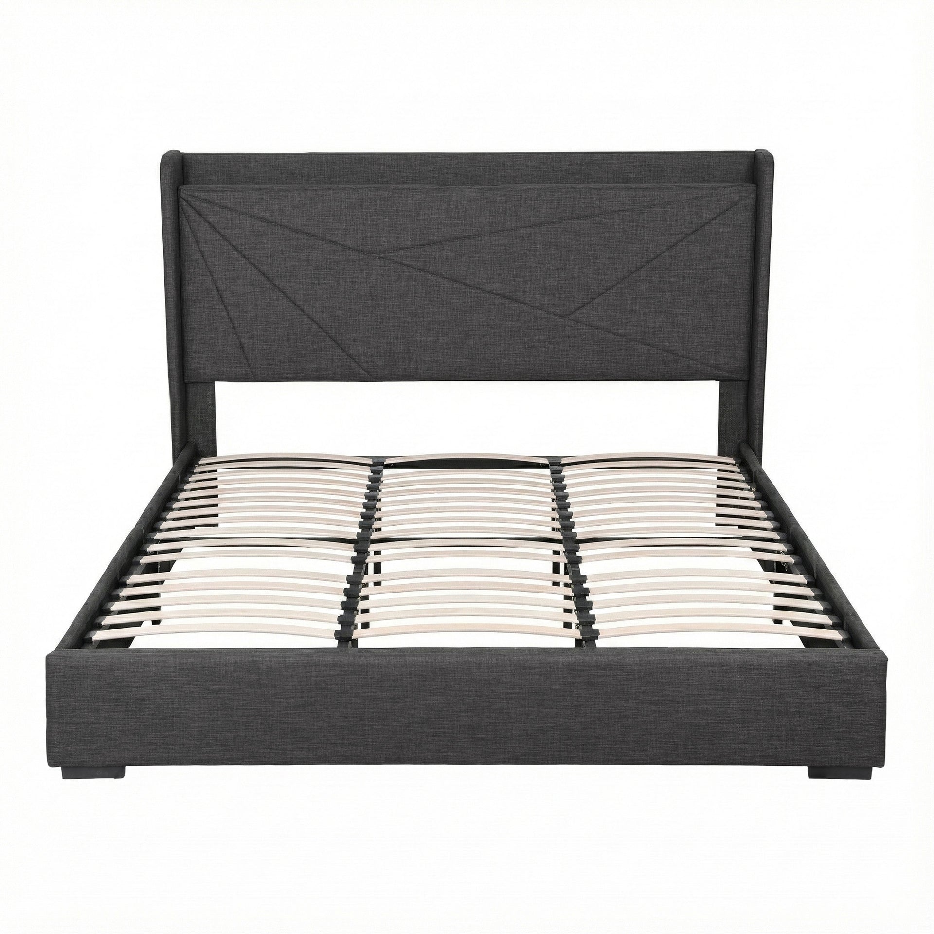 Artiss King Bed Frame Gas Lift Storage Bed with Charging Ports Upholstered Geometric Headboard Charcoal Grey