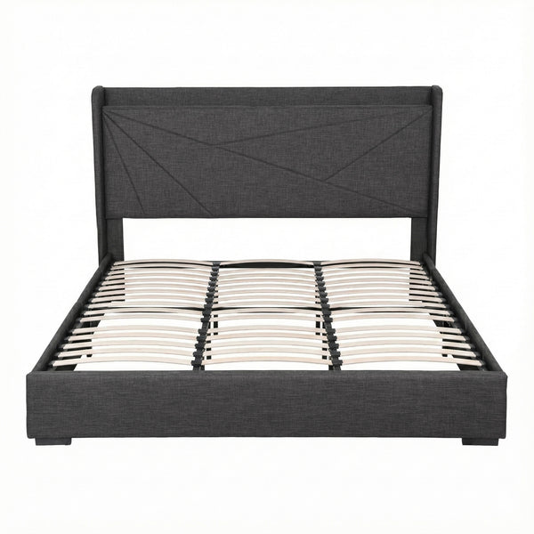 Artiss King Bed Frame Gas Lift Storage Bed with Charging Ports Upholstered Geometric Headboard Charcoal Grey