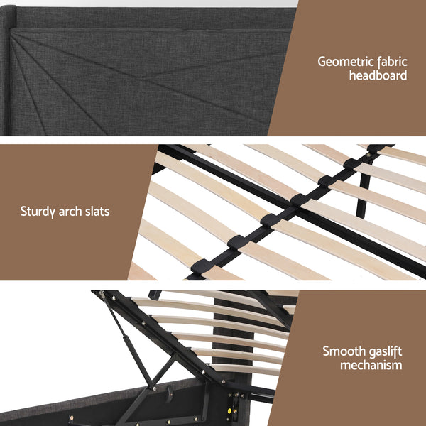 Artiss King Bed Frame Gas Lift Storage Bed with Charging Ports Upholstered Geometric Headboard Charcoal Grey
