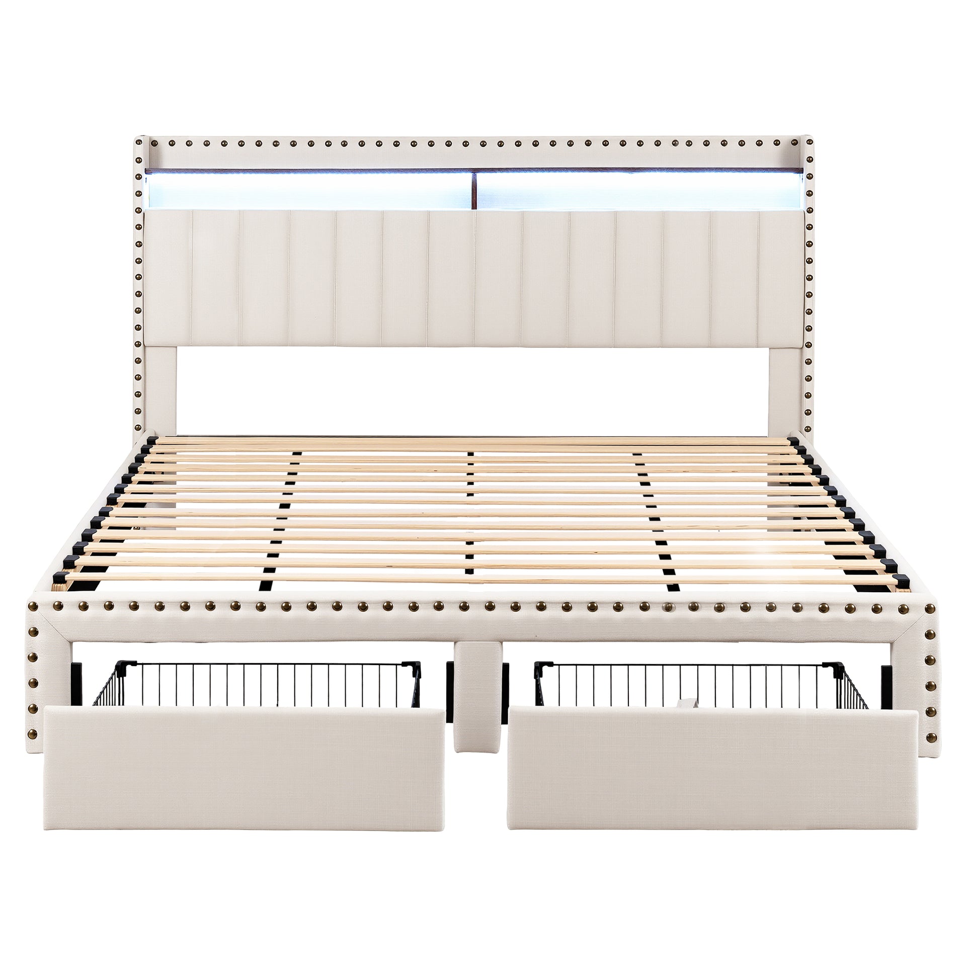 Artiss King Upholstered Bed Frame with Shelf Storage Drawers Charging Station Mood Lighting Linen