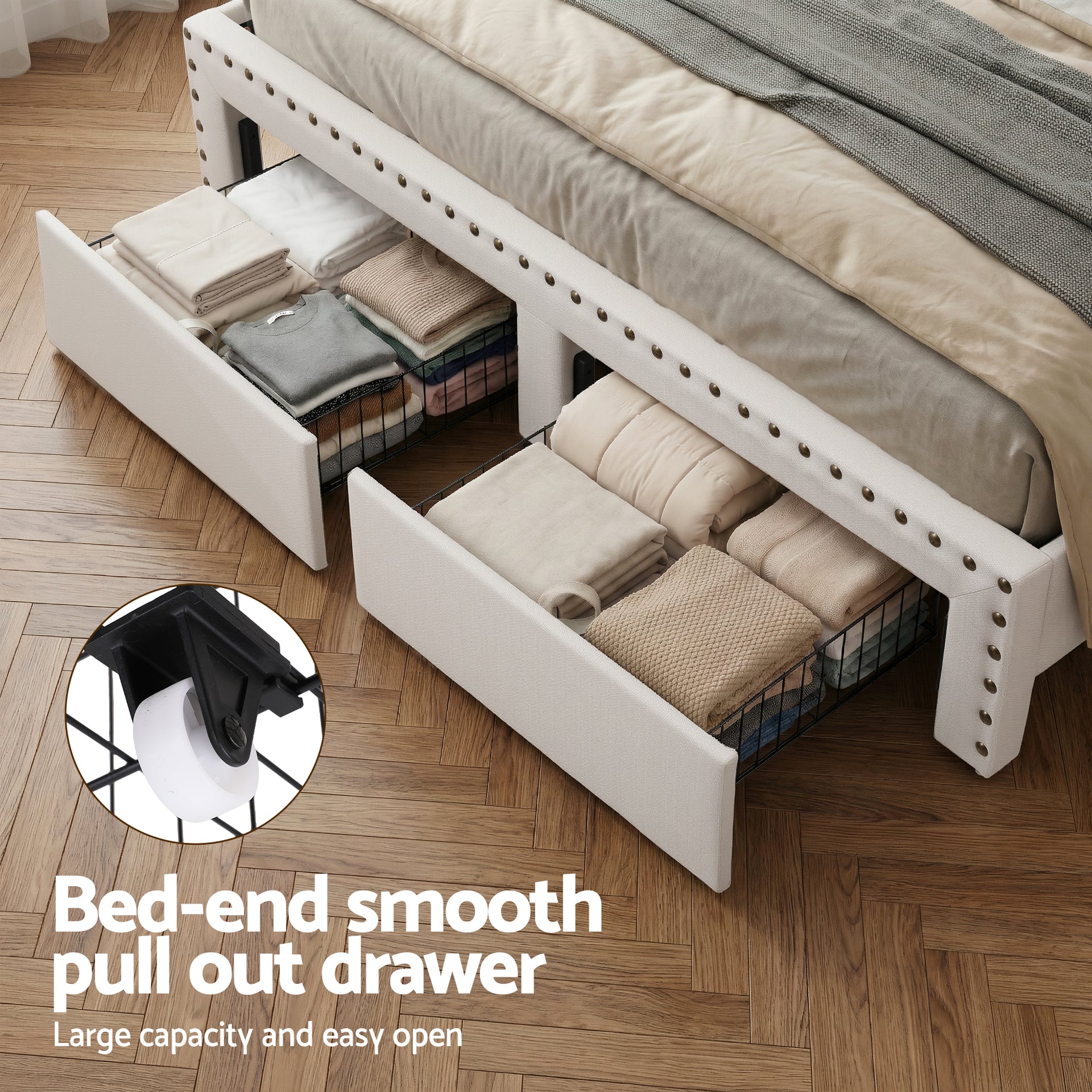 Artiss King Upholstered Bed Frame with Shelf Storage Drawers Charging Station Mood Lighting Linen