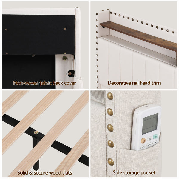 Artiss King Upholstered Bed Frame with Shelf Storage Drawers Charging Station Mood Lighting Linen