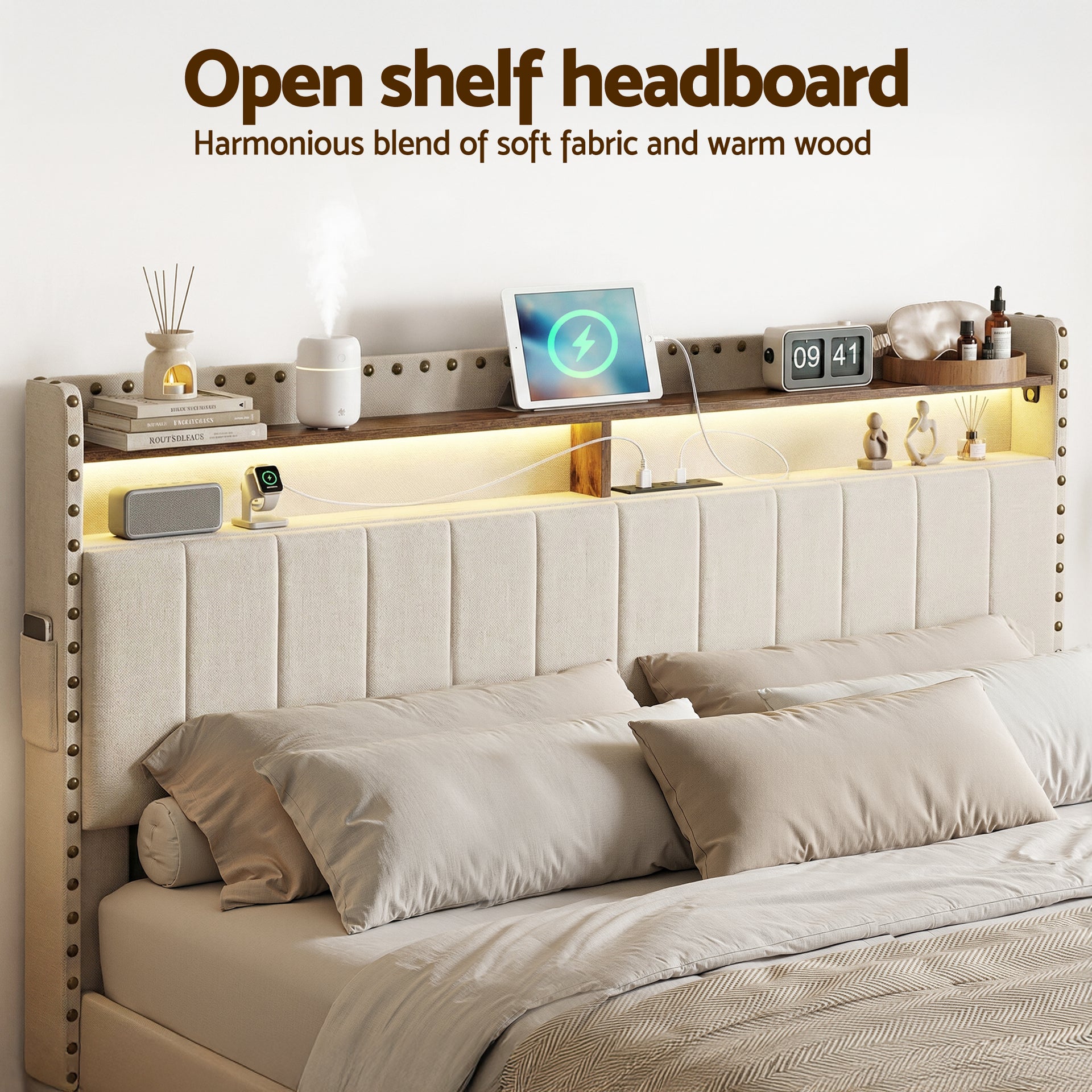 Artiss Queen Upholstered Bed Frame with Shelf Storage Drawers Charging Station Mood Lighting Linen