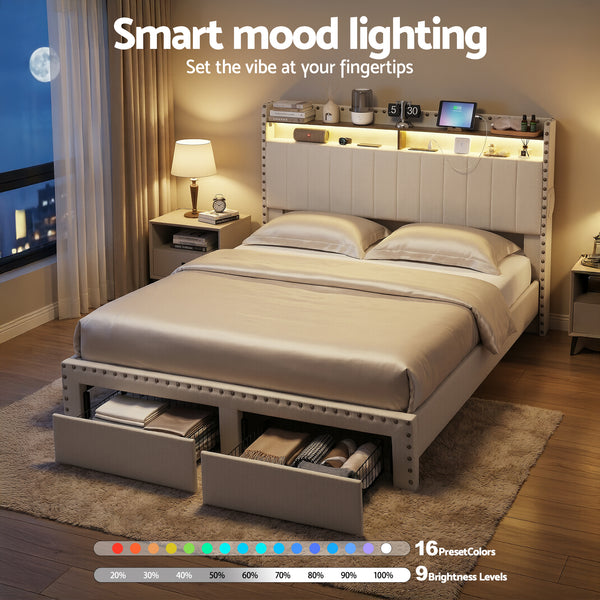 Artiss Queen Upholstered Bed Frame with Shelf Storage Drawers Charging Station Mood Lighting Linen