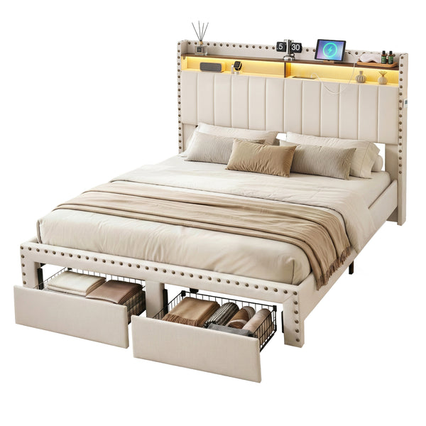 Artiss Queen Upholstered Bed Frame with Shelf Storage Drawers Charging Station Mood Lighting Linen