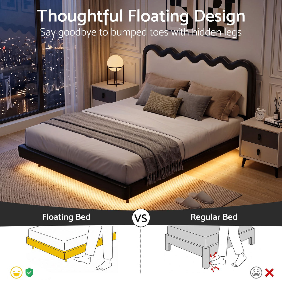 Artiss Double Bed Frame, Floating Design with RGB LED and USB Charging Awezingly