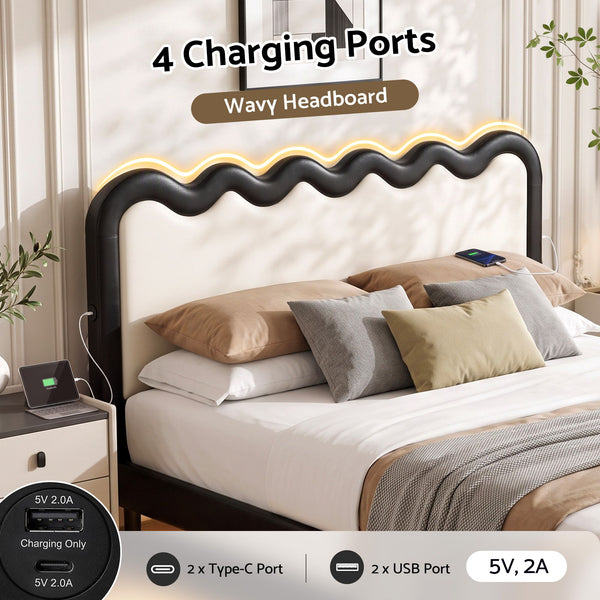Artiss Double Bed Frame, Floating Design with RGB LED and USB Charging Awezingly