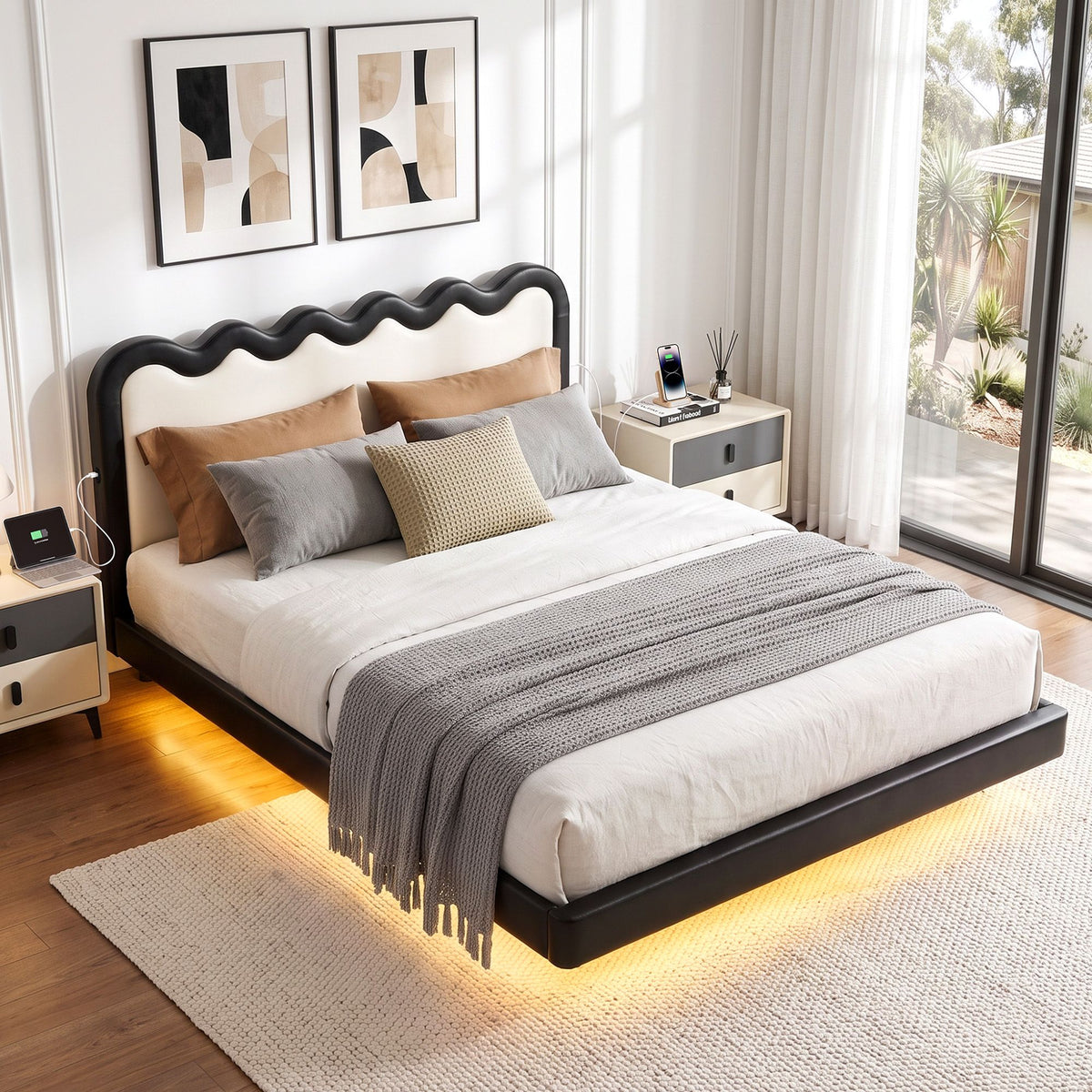 Artiss Queen Bed Frame, Floating Design with RGB LED and USB Charging Awezingly
