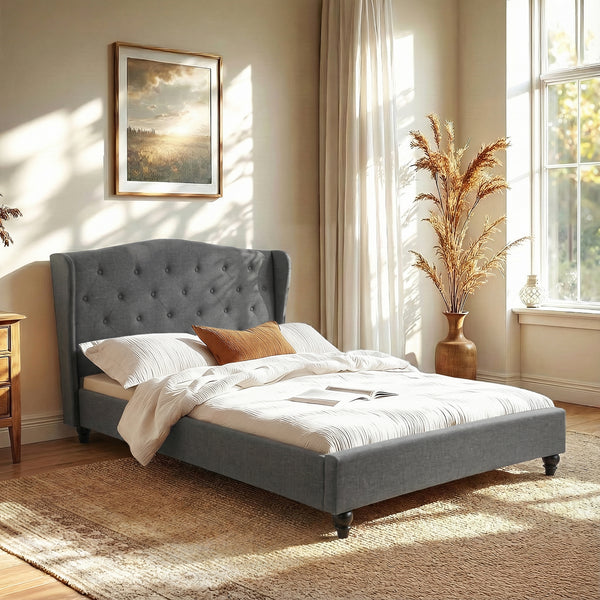 Artiss Double Bed Frame with Wingback Headboard Grey Linen Upholstered Platform Bed Base Awezingly