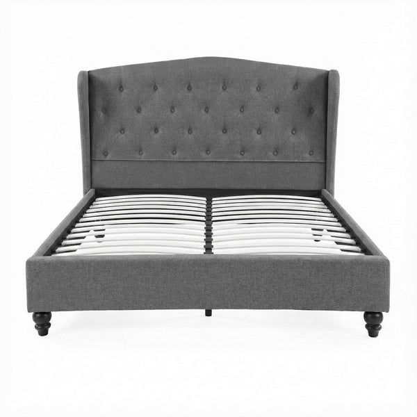 Artiss Double Bed Frame with Wingback Headboard Grey Linen Upholstered Platform Bed Base Awezingly