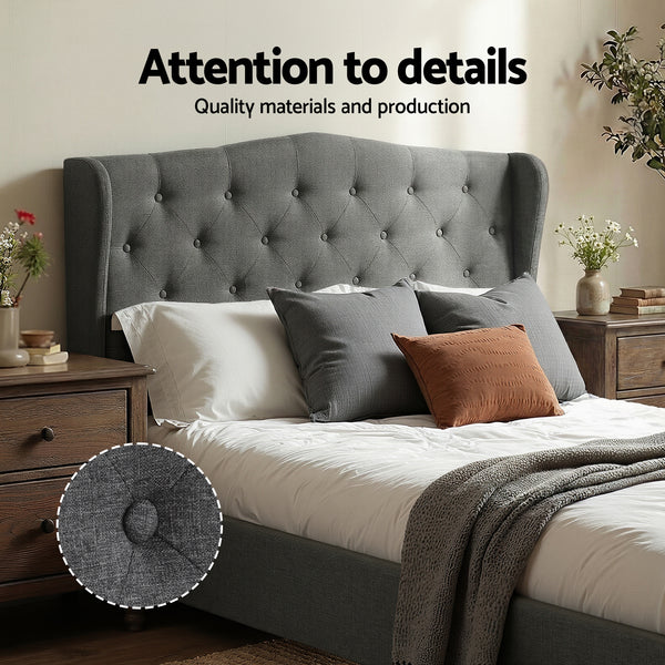 Artiss Double Bed Frame with Wingback Headboard Grey Linen Upholstered Platform Bed Base Awezingly