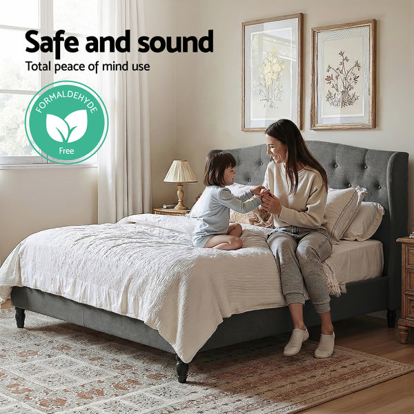 Artiss Double Bed Frame with Wingback Headboard Grey Linen Upholstered Platform Bed Base Awezingly