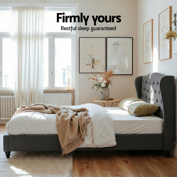 Artiss Double Bed Frame with Wingback Headboard Grey Linen Upholstered Platform Bed Base Awezingly