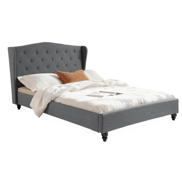 Artiss Double Bed Frame with Wingback Headboard Grey Linen Upholstered Platform Bed Base Awezingly