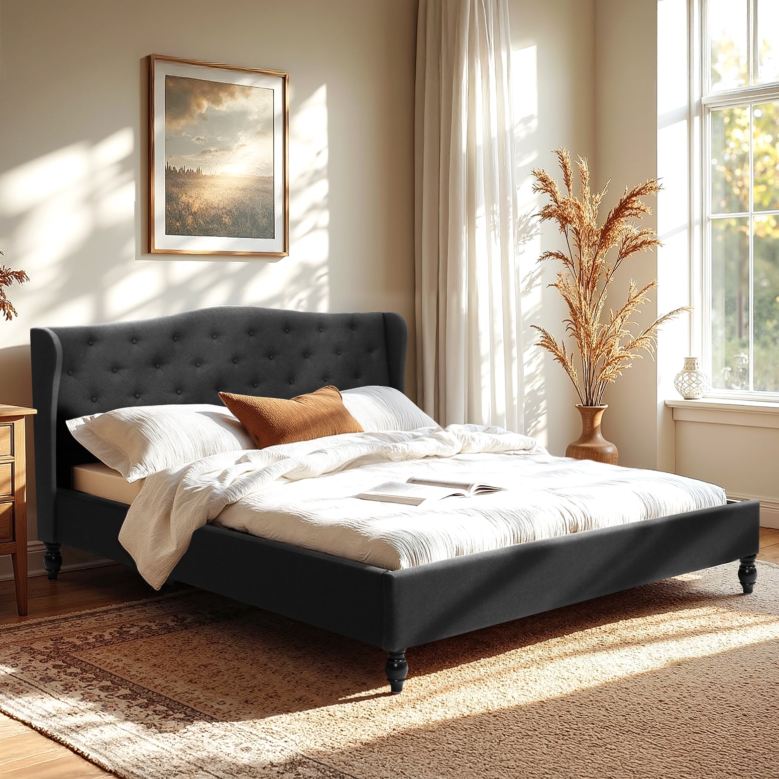 Artiss King Bed Frame Wingback Headboard Charcoal Grey Linen Upholstered Platform Bed Base Awezingly
